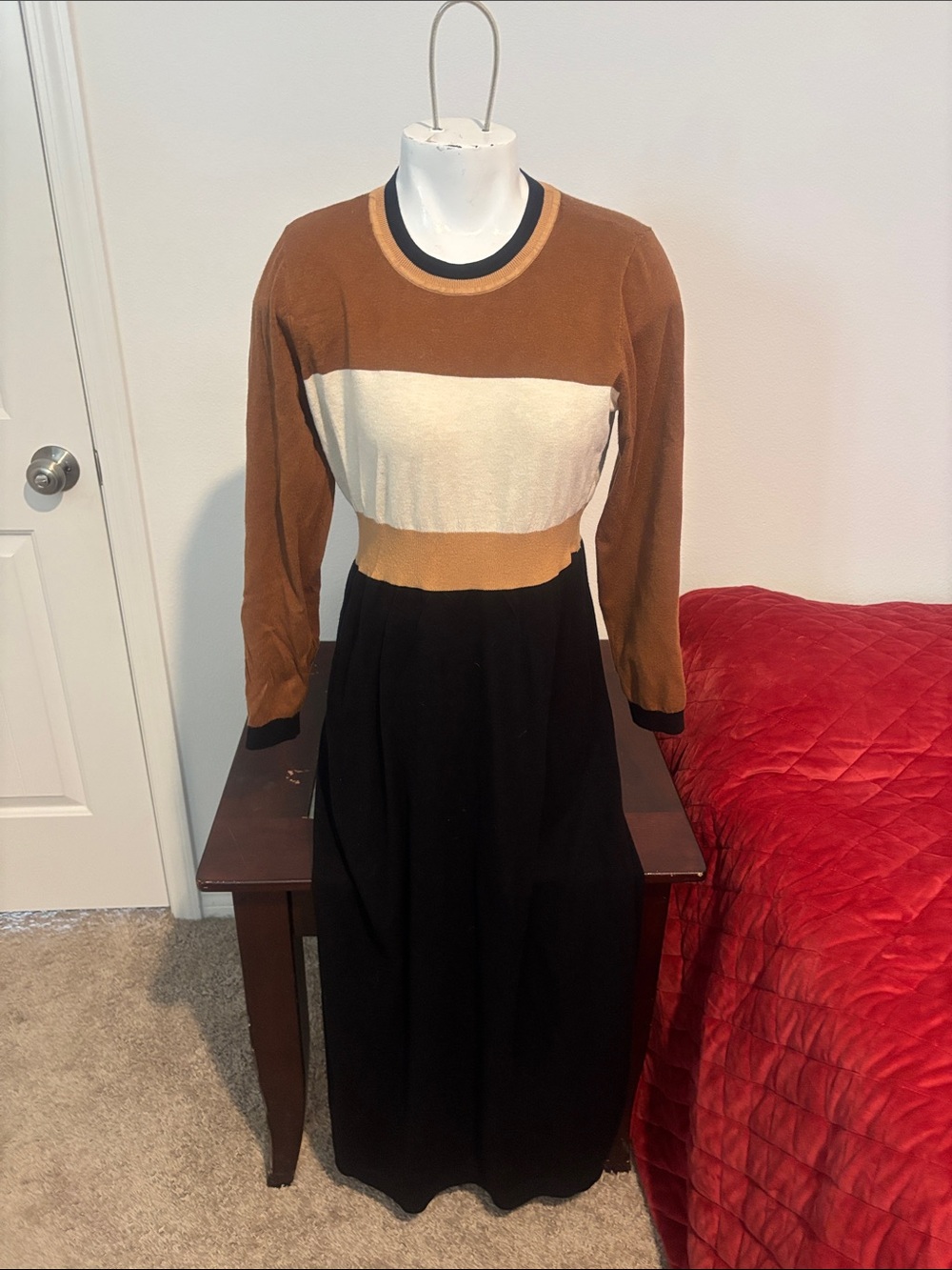LOFT Brown, Cream & Black Long Sleeve Colorblock Maxi Dress